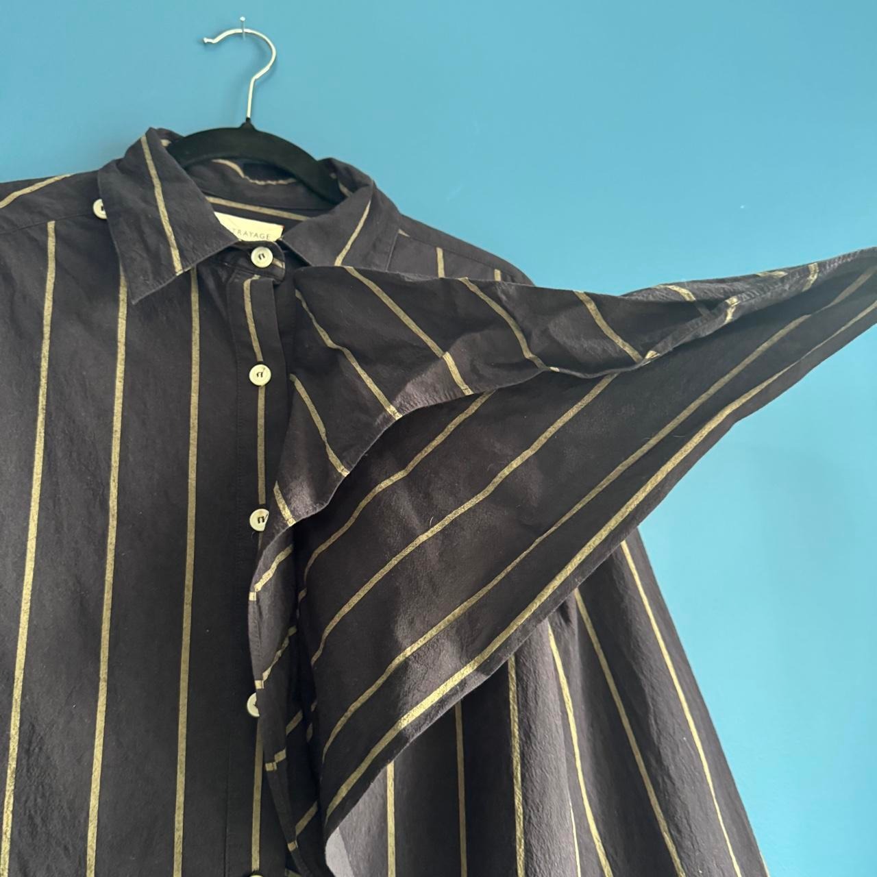 Rentrayage Stripe Blouse Women's Size 8 Striped Black Tan Ruffle Cowl Button — image 4 of 8